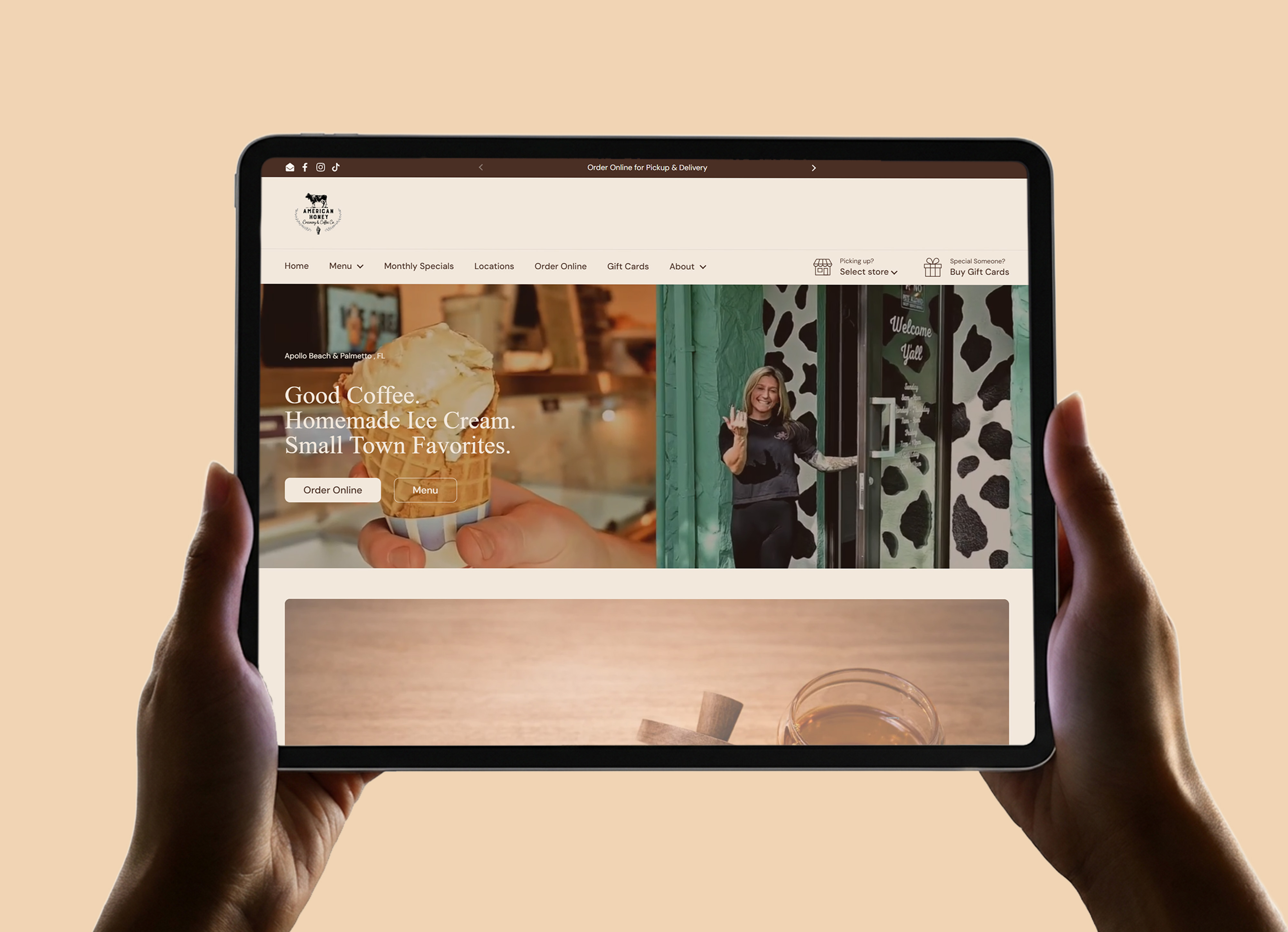 American Honey website on iPad, showing the homepage hero