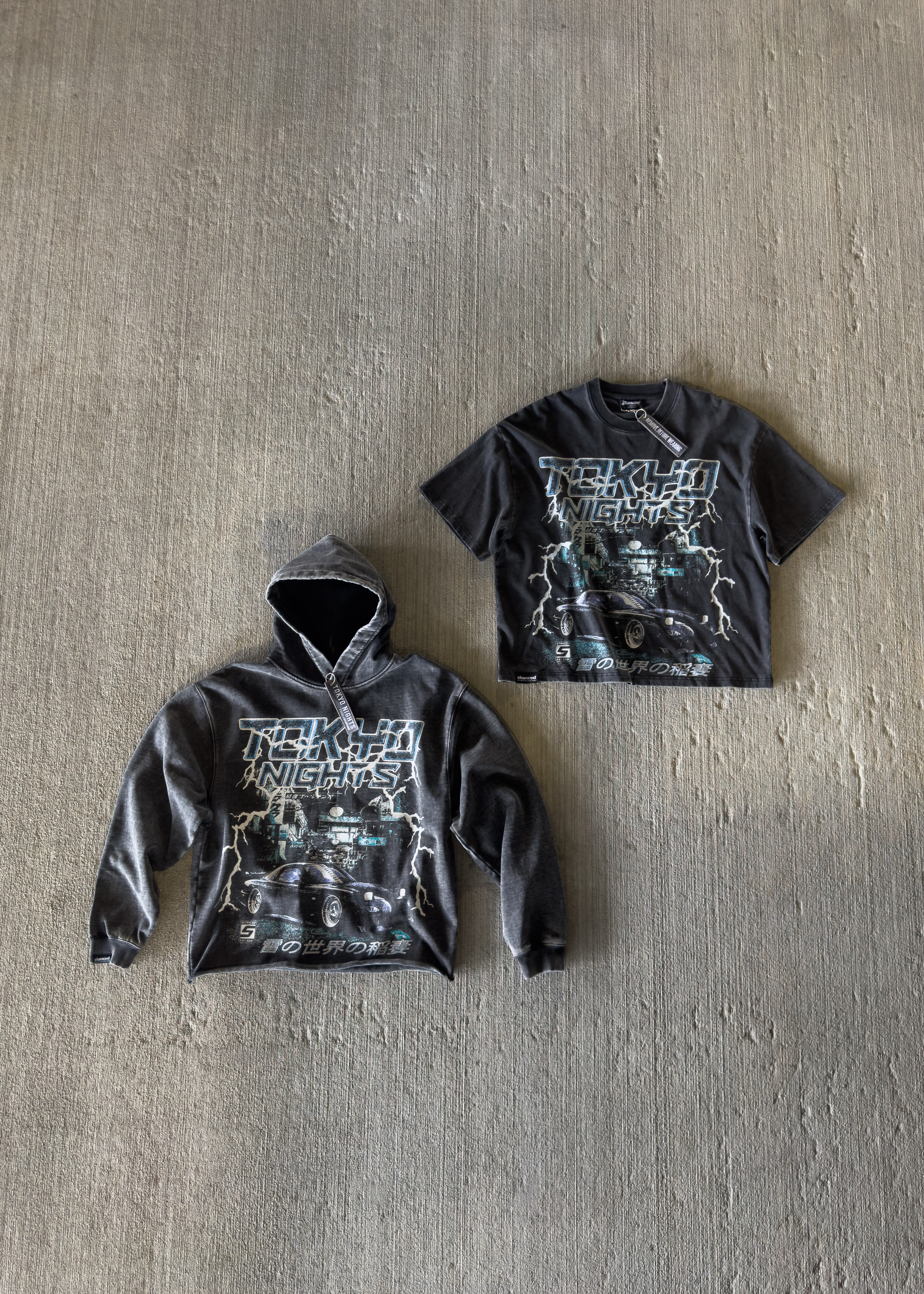 Stanced Tokyo Nights hoodie and tee flatlay